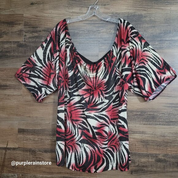 Vtg Pretty Good Animal Print Top 3x Stretch Gold Metallic Accent 90's Y2K Boho - Picture 4 of 10